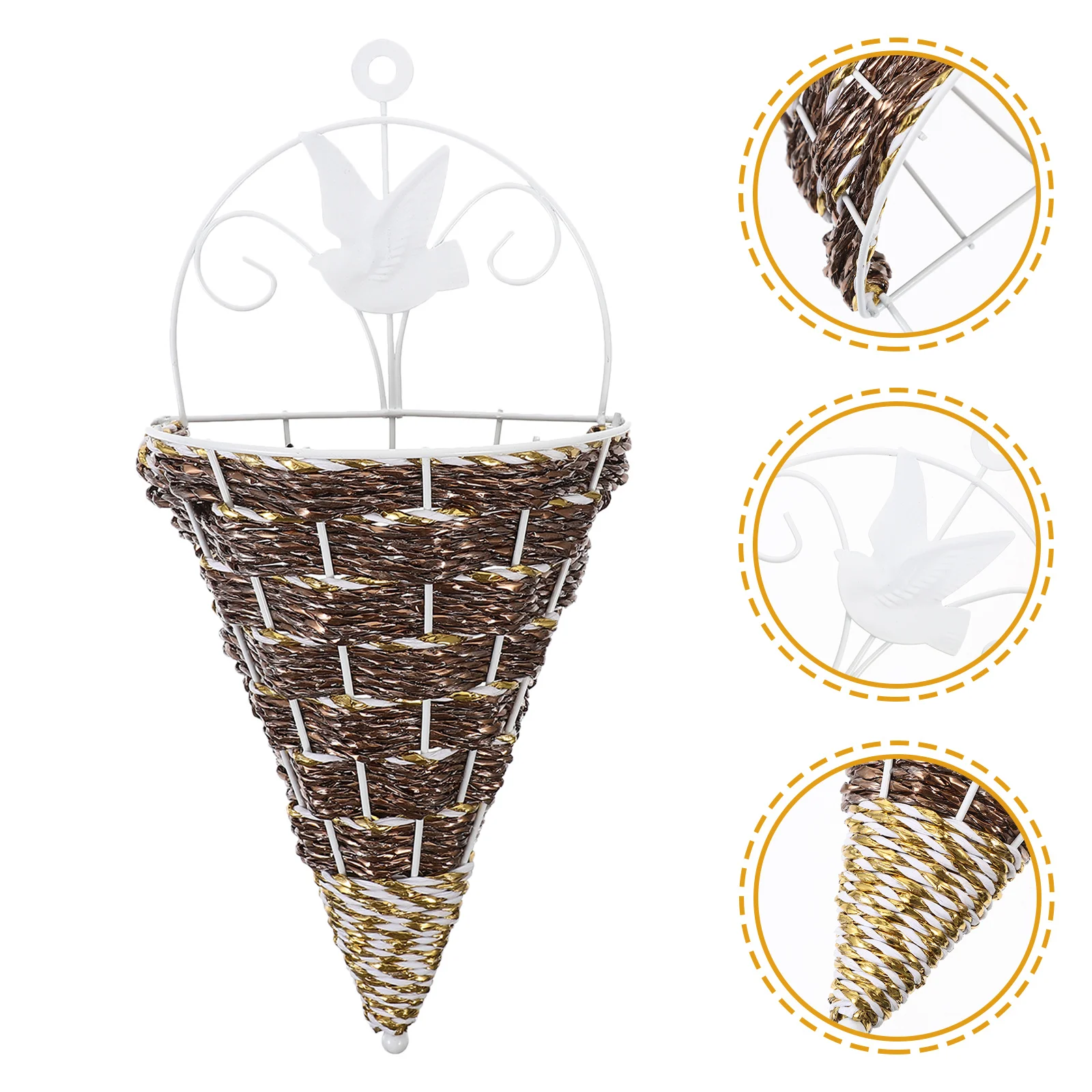 

Outdoor Wall Planter Hanging Iron Rattan Brown Wicker Flower Basket Pot Balcony Window Rail Decor Dried Silk Flowers Small