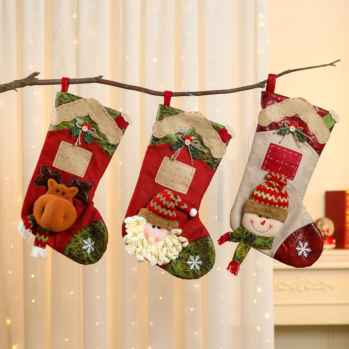 New oversized three-dimensional linen patchwork cartoon Christmas socks decoration gift pendant