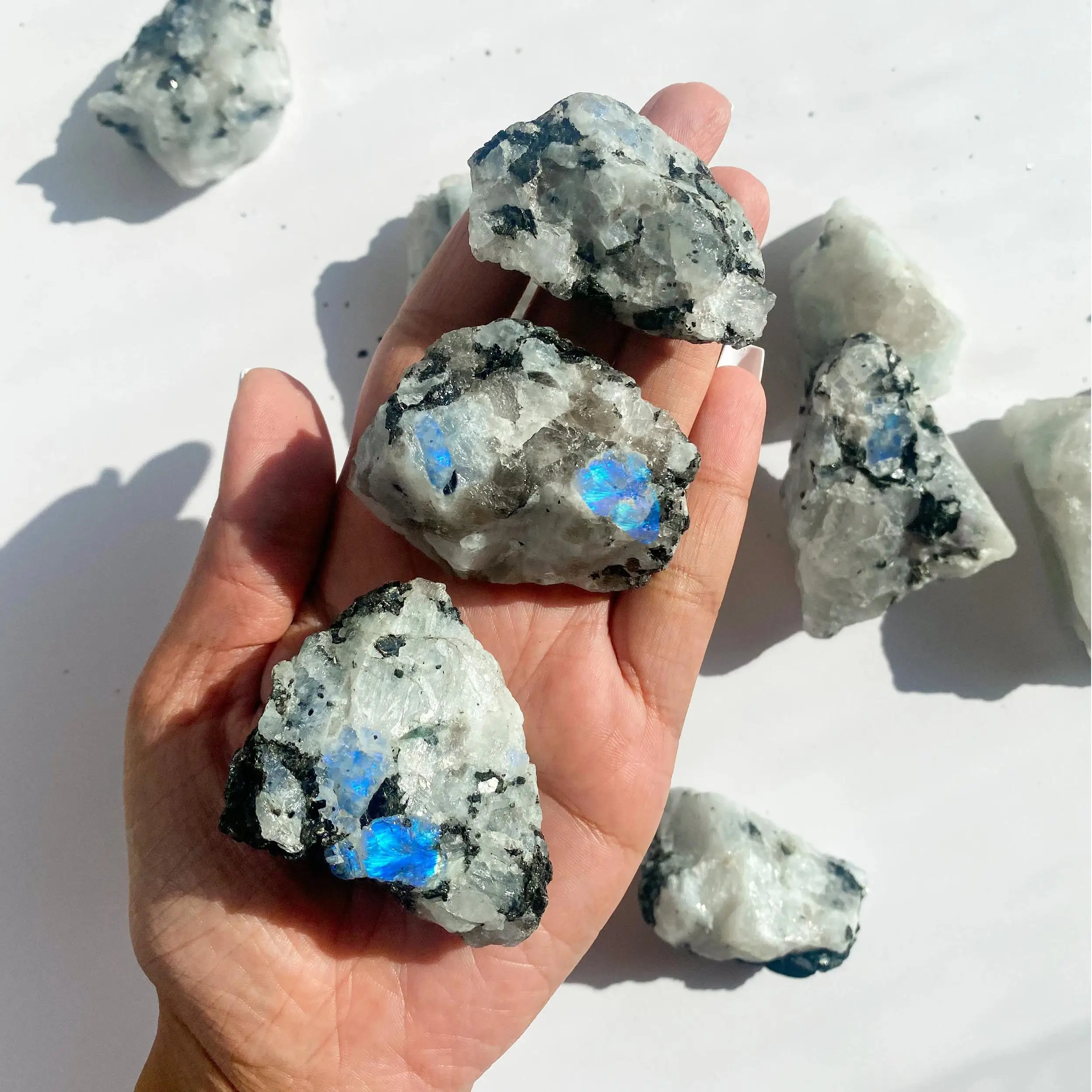 Bohemian Rainbow Moonstone Crystal Rough Stone, suitable for home and office decoration, aquarium, holiday gifts