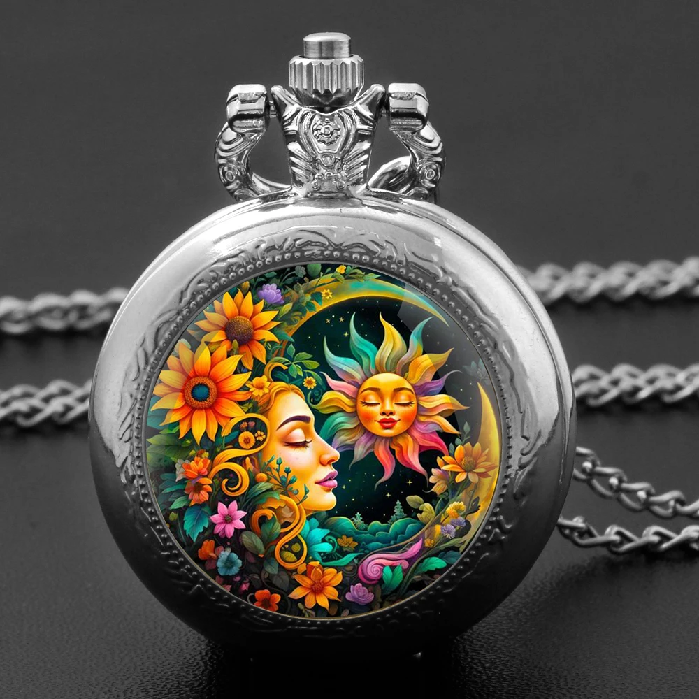 Personalised Silver Stainless Steel Flower Sun and Moon Glass Dome Quartz Pocket Watch Necklace Women Jewelry Pendant Chain
