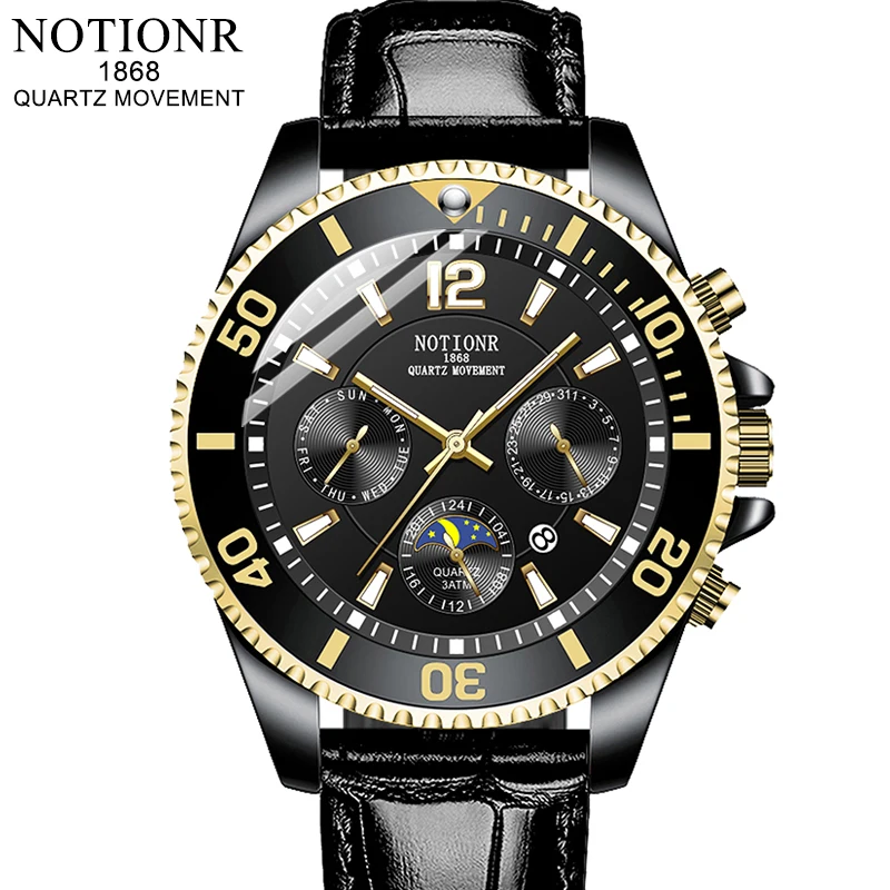 NOTIONR Luxury Men\'s Fashion Gold Watches for Men Sports Leather Quartz Watch Man Business Casual Luminous Clock reloj hombre