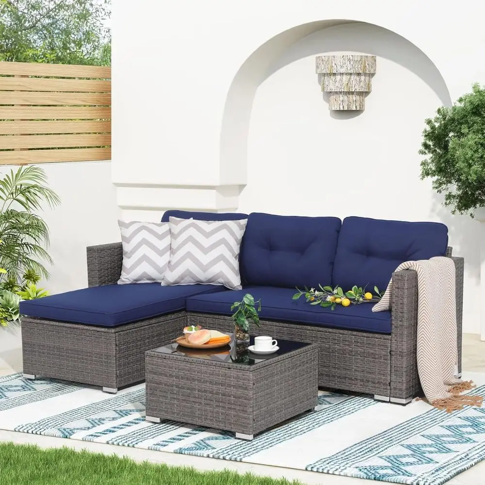 

All-Weather Outdoor Sectional Sofa Set with Wicker Loveseat and Glass Coffee Table, Gradient Grey, Navy Blue Cushions