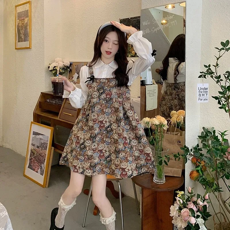 Summer Sweet Women Clothing Bow Long-sleeved Shirt Female Fashion Dress Fake 2pcs Bear Strap Mini Dress A-line Loose Y2k Dresses