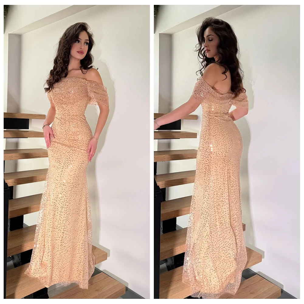 

Custom Made Glitter Off Shoulder Pleated Straight Sexy Evening Gown Backless Maxi Length Sequins Prom Dress سعيد