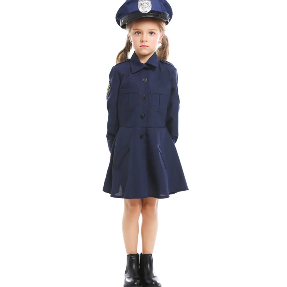 

Kids Police Costume Girls Slim Fit Long Sleeve Police Skirt Navy Size L 130-145cm Halloween Role Play Uniform Cosplay Party