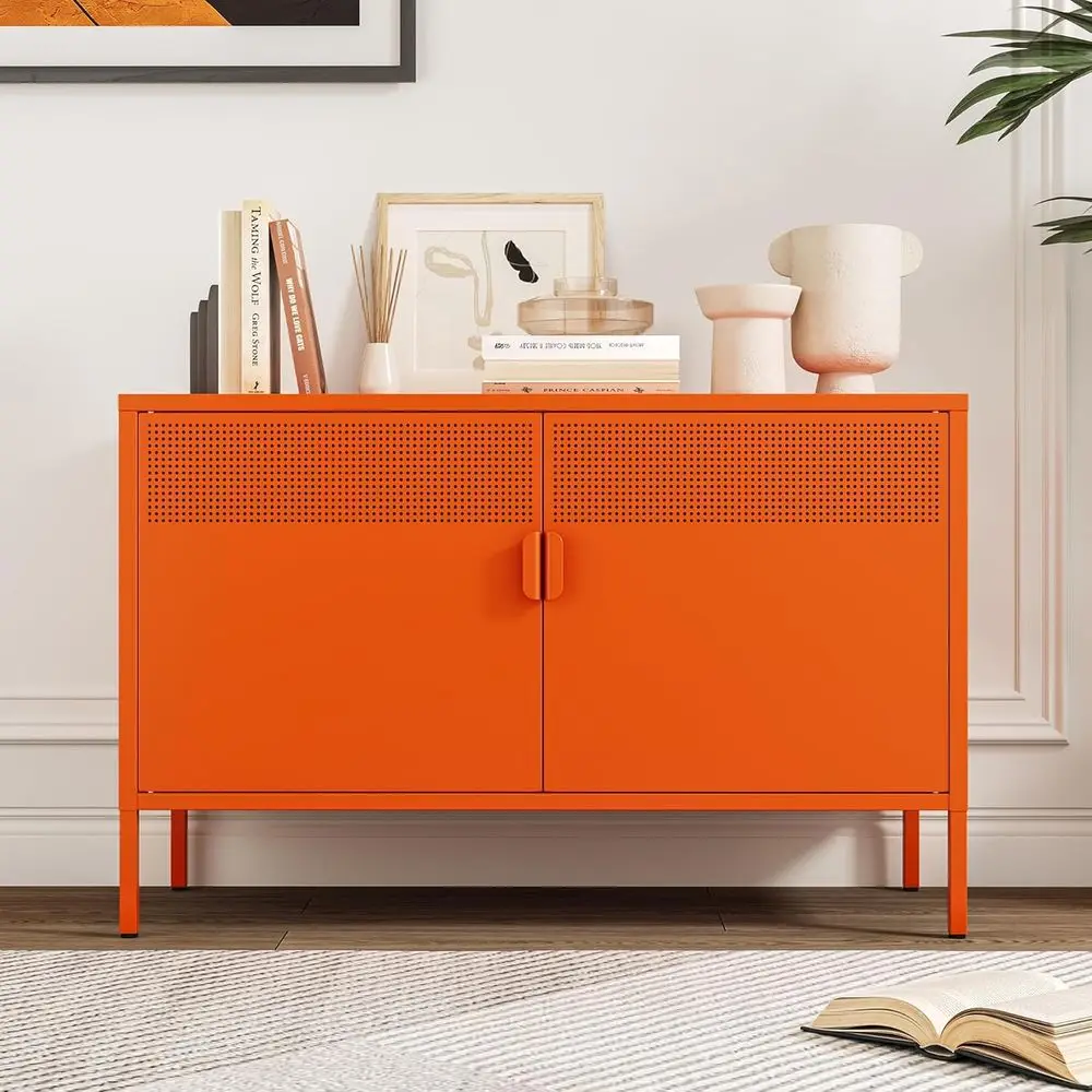 Double-Door Metal Storage Cabinet with Orange Accents for Home, Office, Entryway, and Living Room