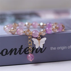 Fashion Butterfly Beaded Bracelets For Women Girls Imitation Jade Bohemian Crystal Charm Elastic Rope Bracelet Hand Jewelry