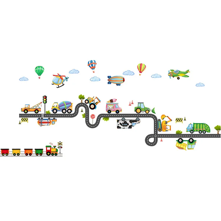 Cartoon Baufahrzeug Flugzeug Wandaufkleber Kinderzimmer Heimdekoration Wandbild Kinderzimmer Selbstklebende Kombinations-Tapete – Detail 7