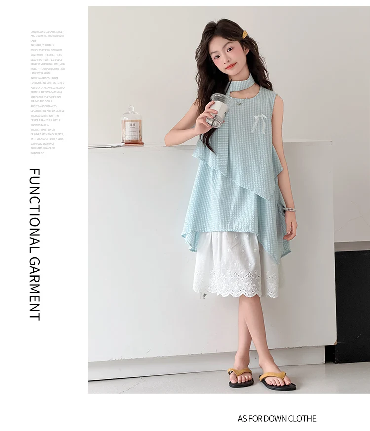 Mädchenkleid Sommer 2026 Ärmellos Blau Kariert Unregelmäßiges Spitzen-Patchwork-Kleid Lässige Kinderkleidung – Detail 5
