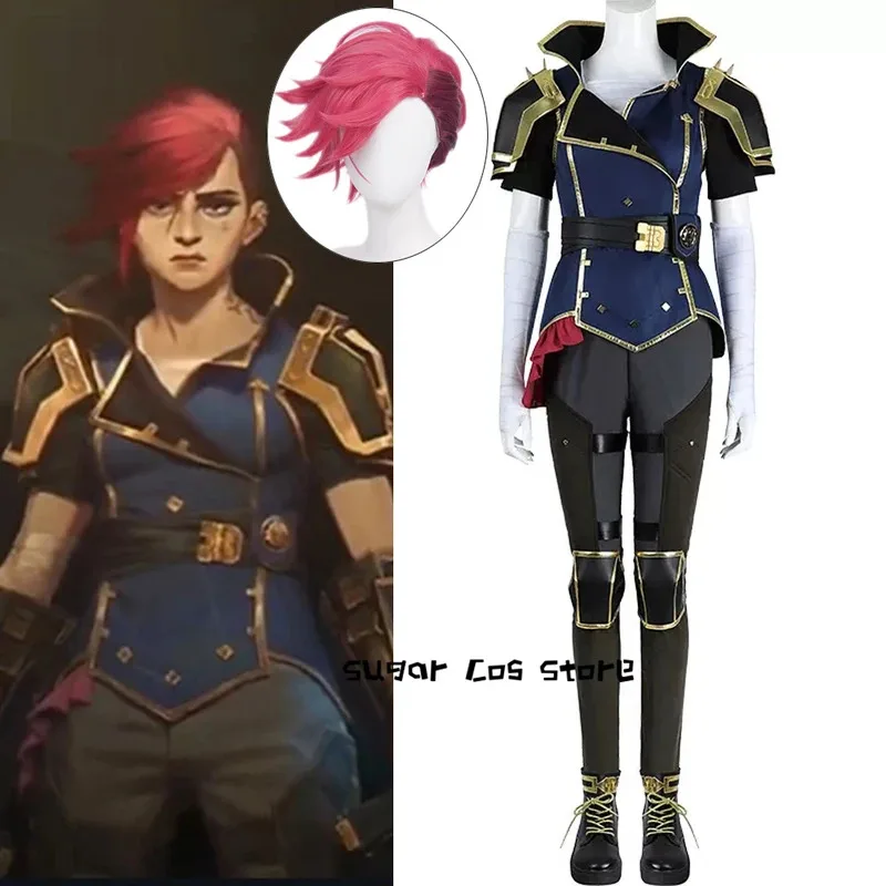 게임 LOL 아크레인 비 코스프레 의상 배틀 슈트 가발 로즈 레드 숏헤어 할로윈 파티 카니발 롤플레잉 의상 액세서리 가발