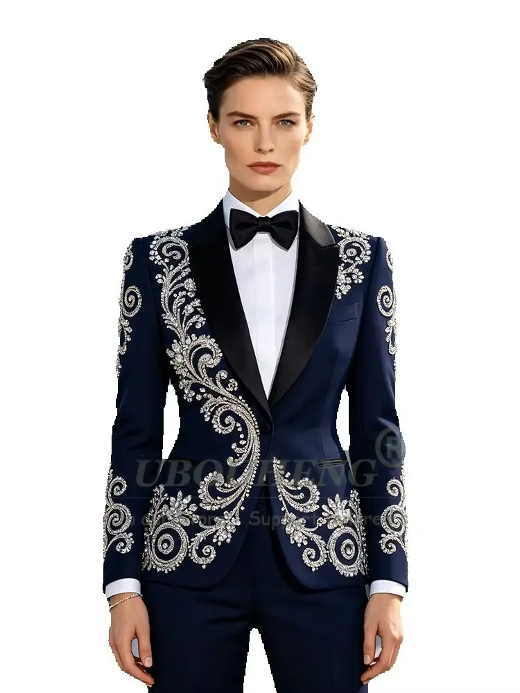 Brilliant Beaded Stones Suits Women 2 Piece Sets Bride's Mother Dress Customized Lady Business Tuxedo Attire Female Clothing