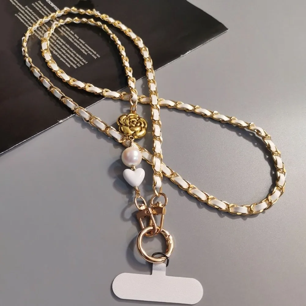 

Pearl Mobile Phone Diagonal Lanyard Metal Chain Camellia Crossbody Phone Rope Fashion Long Mobile Phone Strap Phone Case Hanging