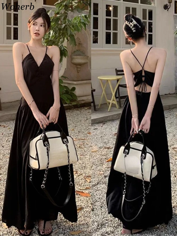 Elegant Maxi Dresses for Women V-neck Sleeveless Vintage Robe Femme 2024 Vestido De Mujer Backless Slim Waist Sexy Summer Dress