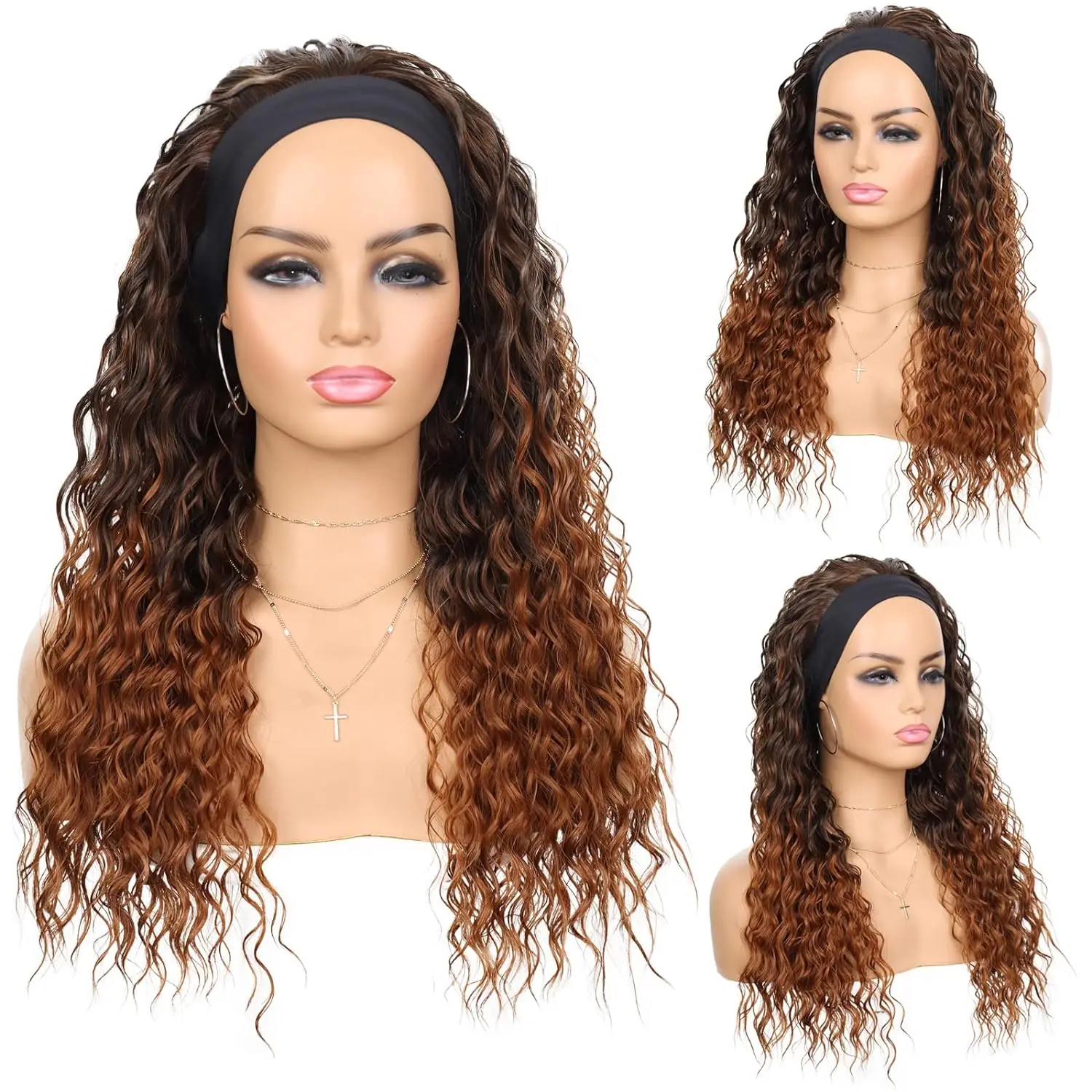 Synthetic Long Wigs Curly Wavy Headband Ombre Blonde Machine Made Heat Resistant for Black Women Girl Daily Party Dating Use