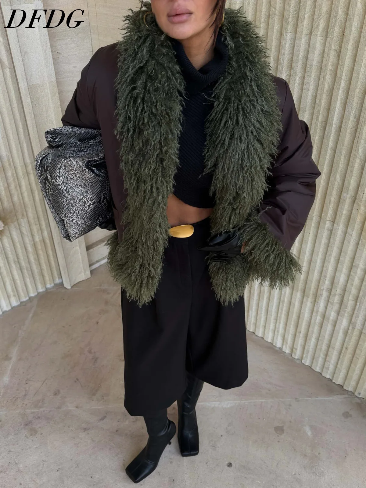 DFDG Women Puffer Jacket With Shaggy Faux Fur Collar And Cuffs Patchwork Loose Warm Stylish Winter Street Outer Coat