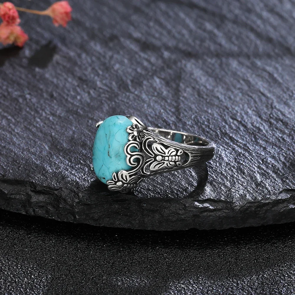 Vintage Blue Sandstone Butterfly Ring 10*14MM Natural Turquoise Ring S925 Silver Rings for Women Fine Jewelry Gift