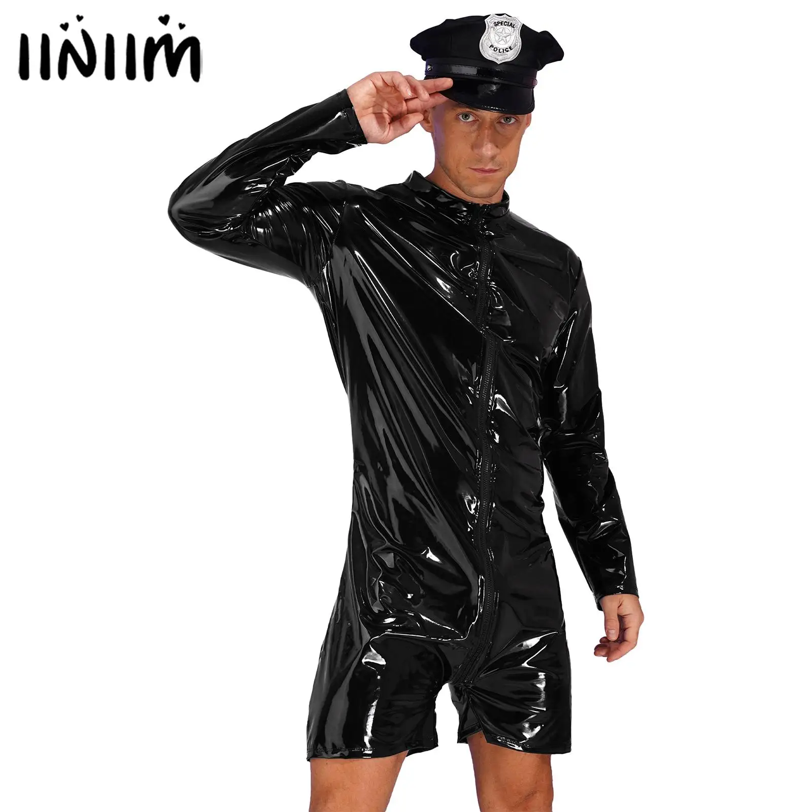 

Latex Black Long Sleeve Mock Neck Zipper Jumpsuit Party Club Role Play Cosplay Costume Mens Police Captain Hat Bodysuit Set