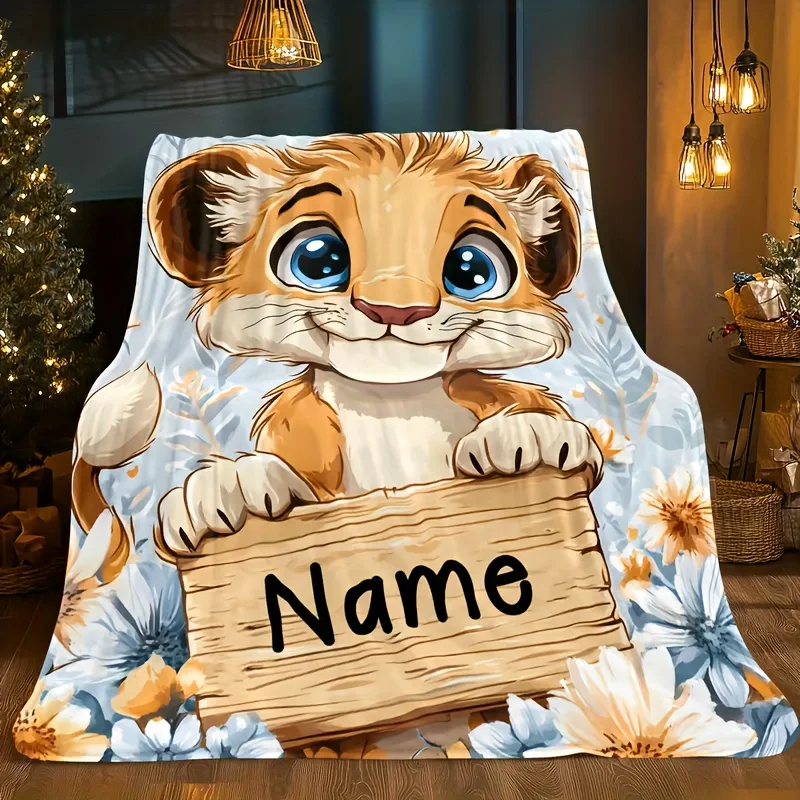 Personalized Lion Cub Blanket Cute Cartoon Baby Lion Holding Wooden Sign Custom Name Soft Fleece Throw Gift For Kids Room