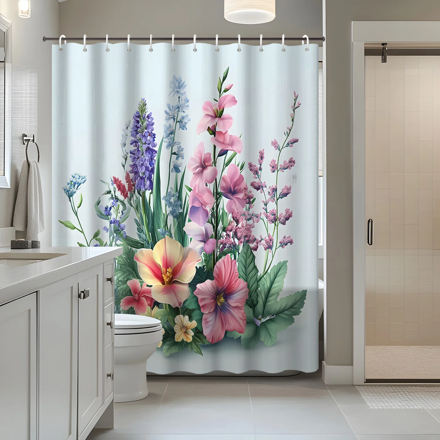 

1pc summer fresh floral plants lawn decorative shower curtain partition curtains, including 12 hook bath curtains, bathroom