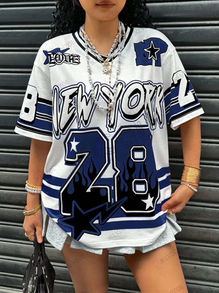 Women Fashion New York 28 Number Printed Oversized T‑Shirt Quick Dry Breathable Casual V‑Neck Short Sleeve Jersey Tops