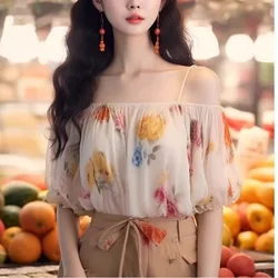 Sweet Cute Sling Slash Neck Off Shoulder Chiffon Blouses Women's 2024 Summer New Chic Folds Printed Short Sleeve Pullover Shirts