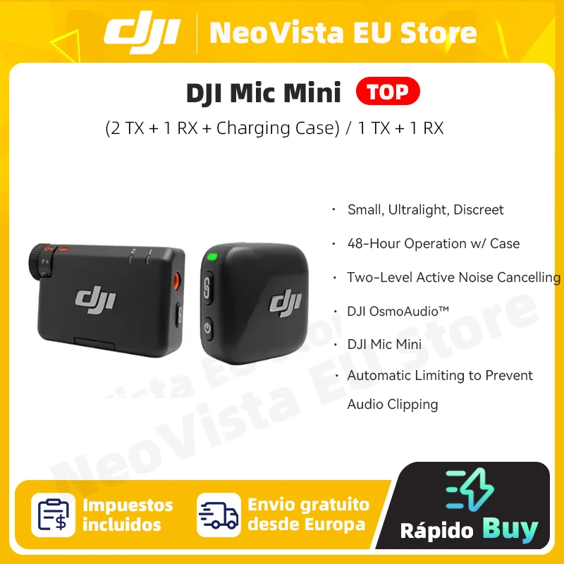 DJI Mic Mini Microfone Sem Fio, Cancelamento Inteligente de Ruído, Áudio de Alta Qualidade, 2 TX Plus 1 RX Plus Estojo de Carregamento