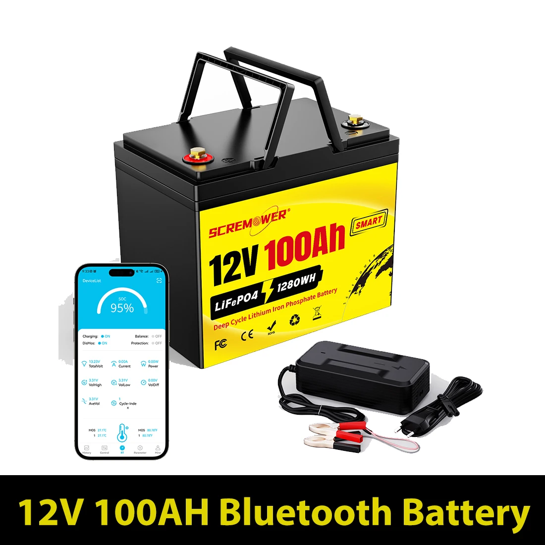 12V 100Ah Bluetooth LiFePO4 Battery,Rechargeable BCI Group 24 Lithium Battery,Up to 6000 Cycles Perfect for Trolling Motor,RV