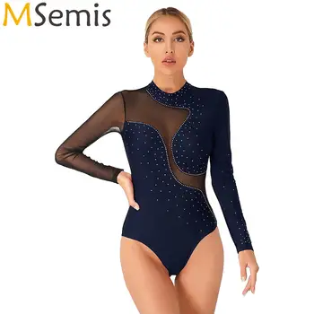 Body feminino brilhante com strass, ginástica, acrobacia, patinação artística, malha transparente, manga longa, collant, roupa de dança de balé