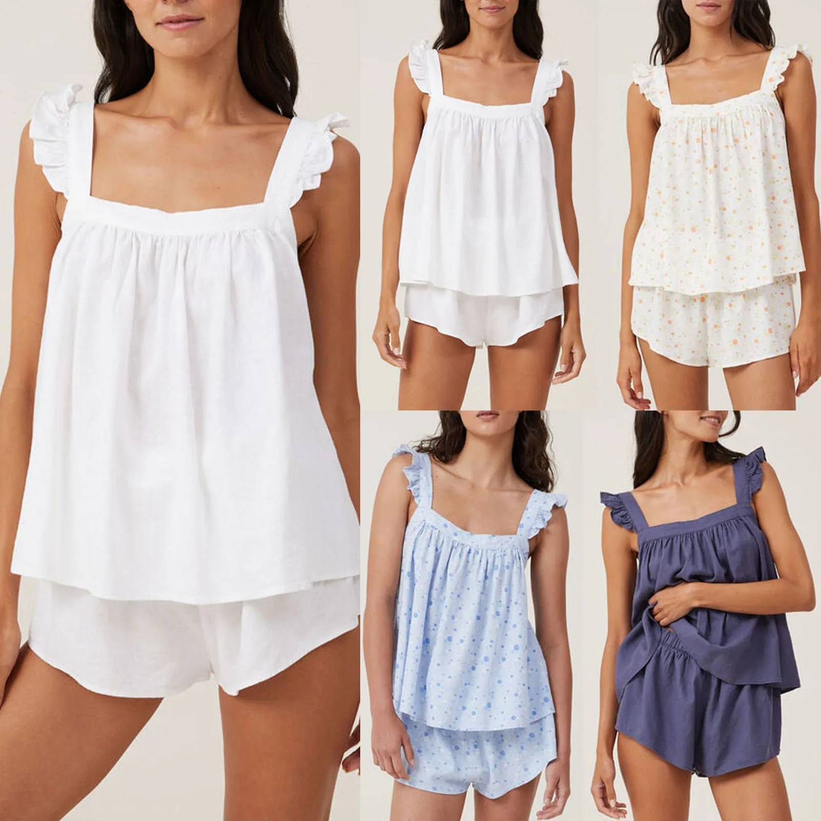 Women’s Summer Casual Pajama Sets 2 Piece Outfits Fly Sleeve Babydoll Tank Tops + Shorts Set Sleepwear Loungewear