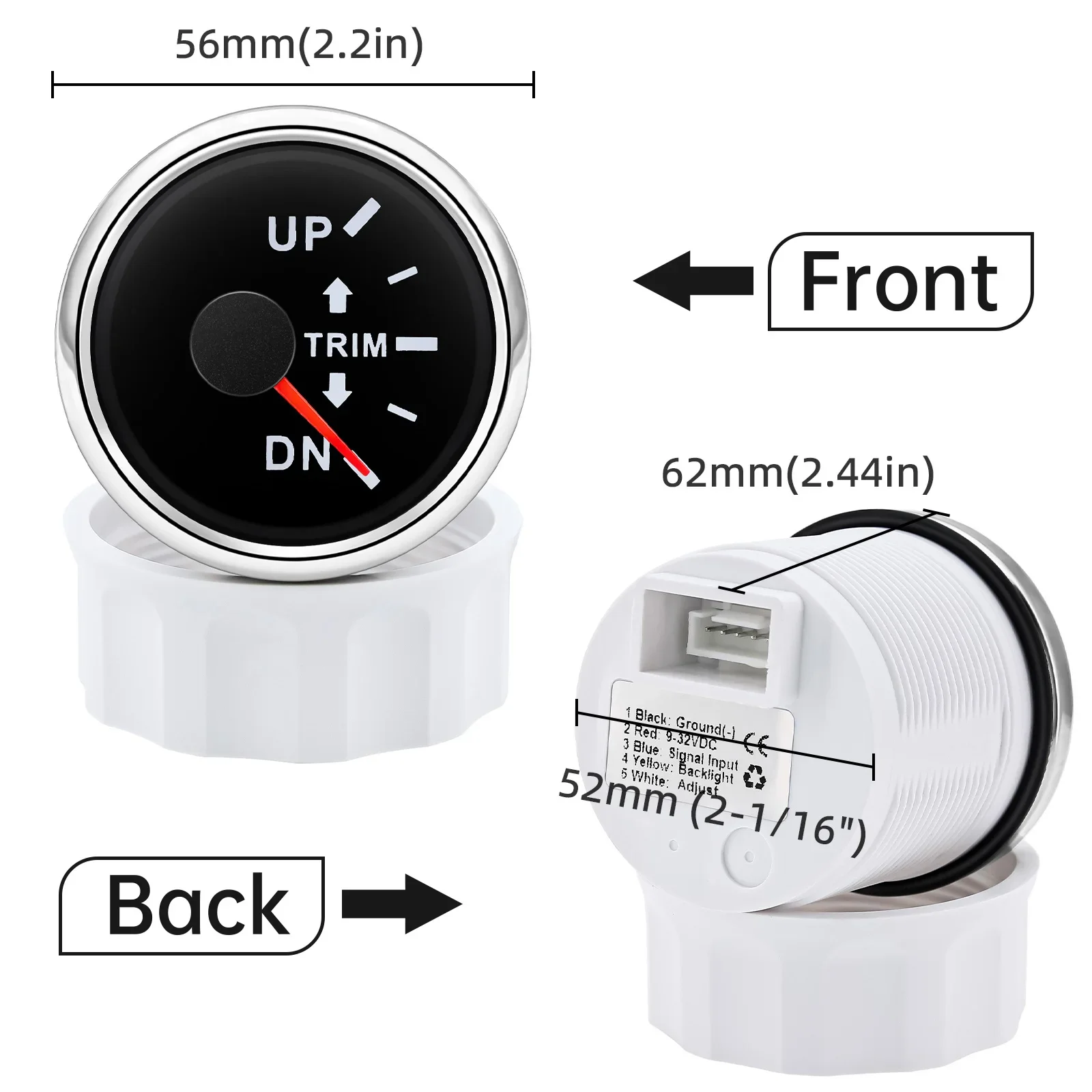 52mm  Trim Gauge Up To Down for Inboard Outboard Engine Boat Marine Trim Tilt Indicator Meter 0-190 Ohm 7 Color Backlight