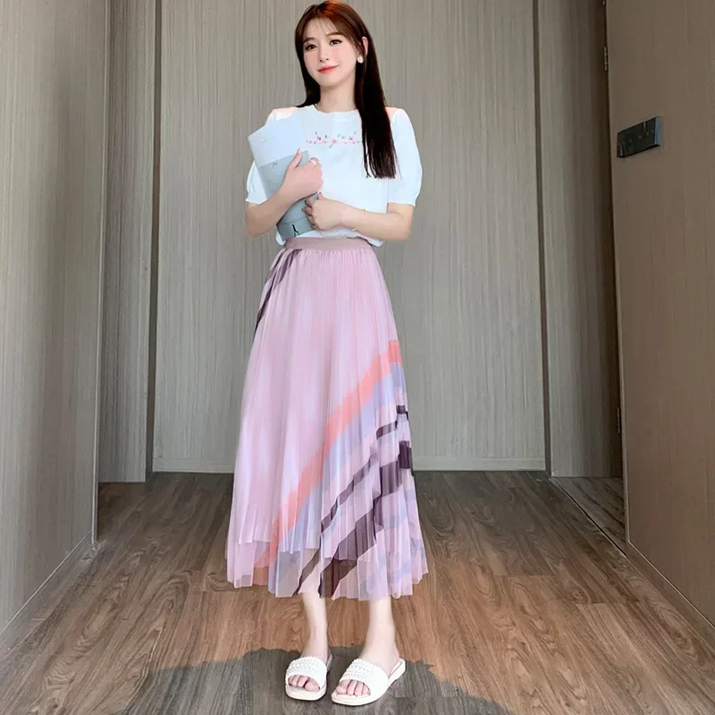

Women's Summer Pleated Mesh Skirts Contrast Striped Elastic High Waist A-line Skirt