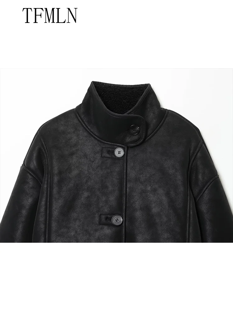 High street mulheres jaquetas de pelúcia de couro falso 2025 moda inverno único breasted casacos soltos retro gola outwear
