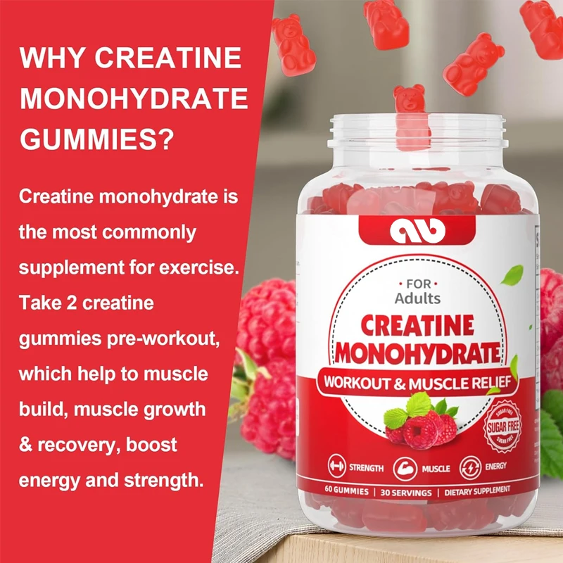 Male and female creatine monohydrate gummies, suitable for muscle generators and strength raspberry flavored 60 gummies