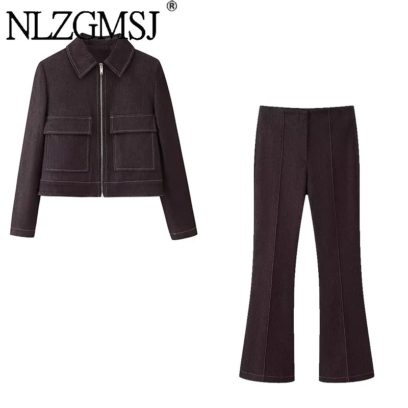 NLZGMSJ Damen-Sets 2026 Frühling Langarm Lose Jacke mit Reißverschlusstaschen Mantel Schlaghose Damen Freizeitanzüge