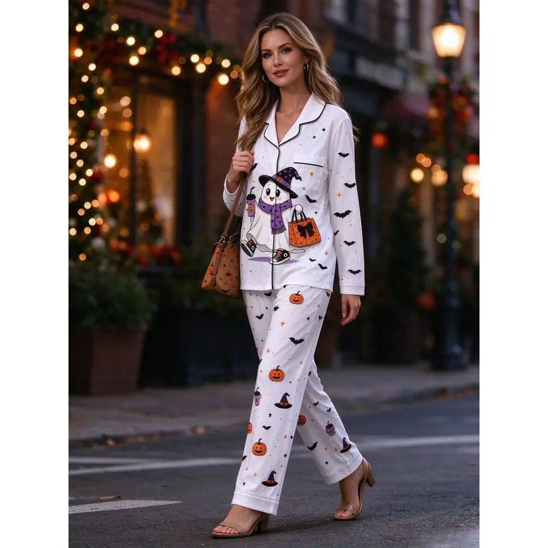 Women Halloween Cute Ghost Pumpkin Bat Print Pajamas Set Lapel Button Up Long Sleeve Shirt + Long Pants 2Pcs Sleepwear Casual Ho