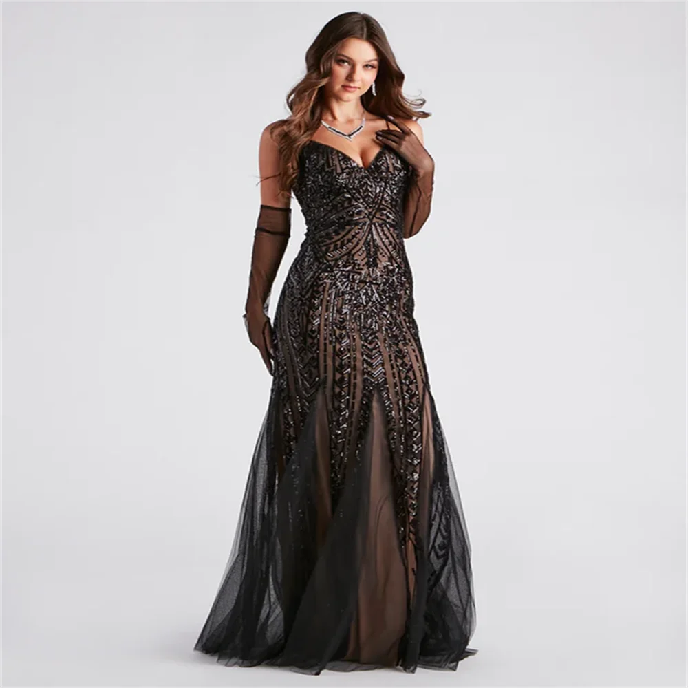 

Sheath/Column Velvet Sequins V-neck Sleeveless Court Train Dresses Elegant Sexy Slit Dress For Women Prom Evening Party Gowns