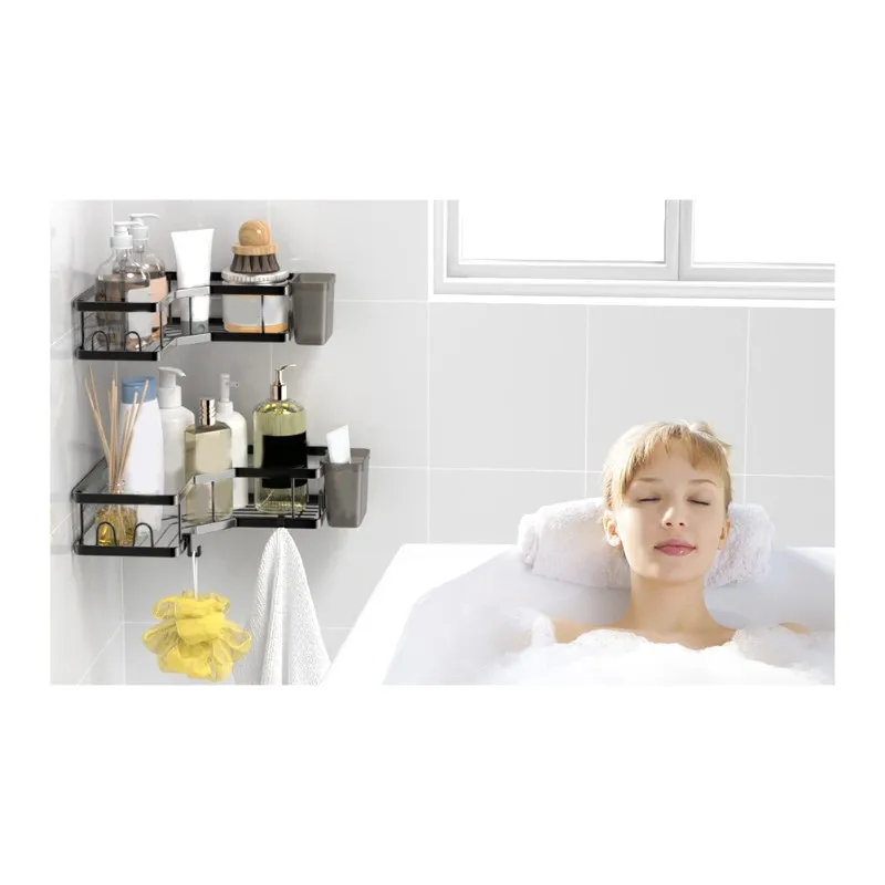 finefine 2 Pack Adhesive Shower Corner Organizer Shelves, No Drilling Shower Storage Rack with Hooks&Toothpaste Holder