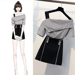 Plus Size Summer Women Two Pieces Set Female Short Sleeve One Shoulder Striped Print Top and A-line High Waist Mini Skirt Suits