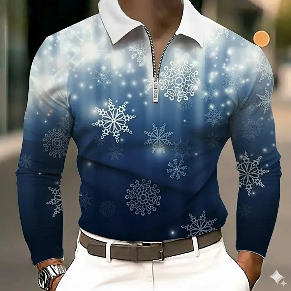 2025 Christmas Men's Snowflake Graphics Long Sleeve Zipper Polo Shirt 3D Printed Modern Casual Polo shirts For Mens Fall Winter