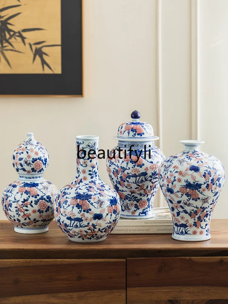 Jingdezhen ceramic blue and white underglaze red vase living room entrance Bogu frame decoration Zen antique ornament