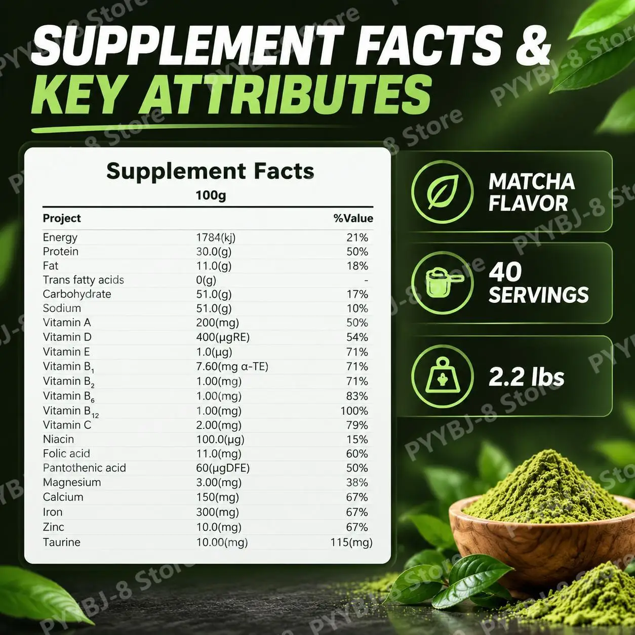 Matcha Flavor Whey Protein Powder with Taurine And Vitamin D 40 Servings Daily Fitness Nutrition Formula