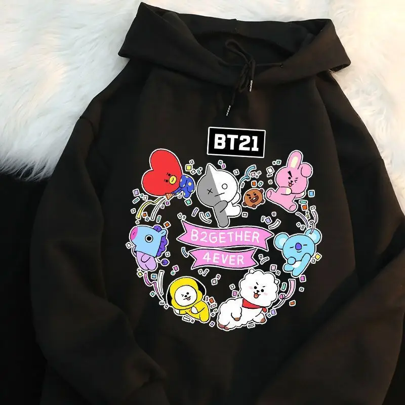 Kawaii أنيمي جديد Bt21 تاتا شيمي كوكي مقنعين البلوز Y2K الخريف والشتاء موضة تنوعا بلايز زوجين قمصان الهدايا