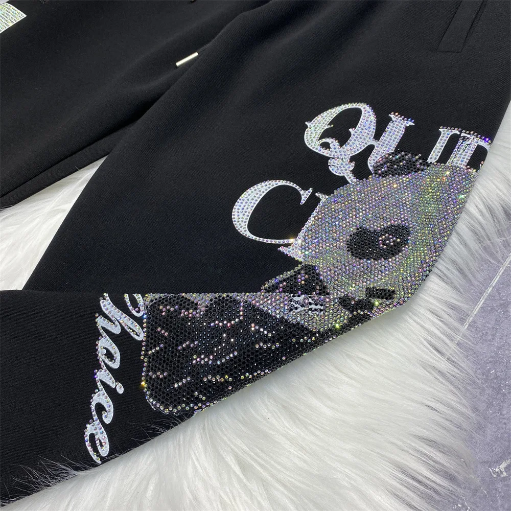 Autumn Trend High Street Hot Diamond Cartoon Casual Pants Men's and Women's Sweatpants 2024 New Black Panda Sweatpants