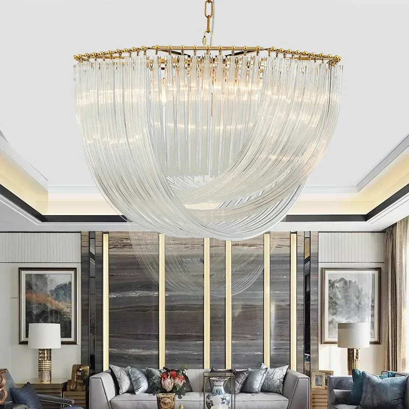 

Modern luxury living room chandeliers glossy sheet metal chrome LED chandeliers glass circular fixture chain pendant light