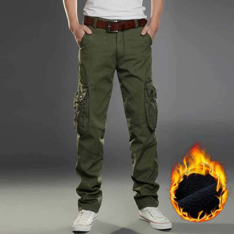 冬フリースサーマルコットンカーゴパンツ男性マルチポケット作業服ストレートアウトドア暖かいオーバーオールズボン男性プラスサイズ 40