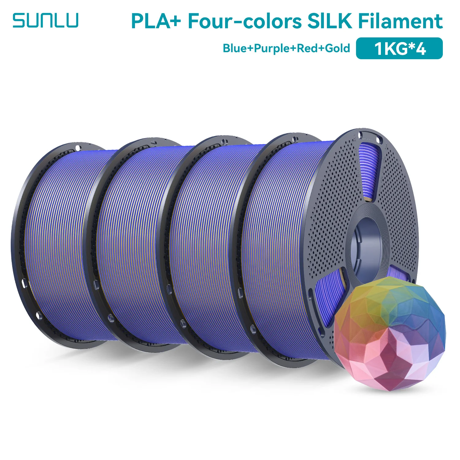 SUNLU 4KG viervoudig kleuren zijdefilament, zijde 3D-printer 1,75 mm, dimensionale nauwkeurigheid +/- 0,02 mm, 1 kg spoel (2,2 lbs), 4 rollen