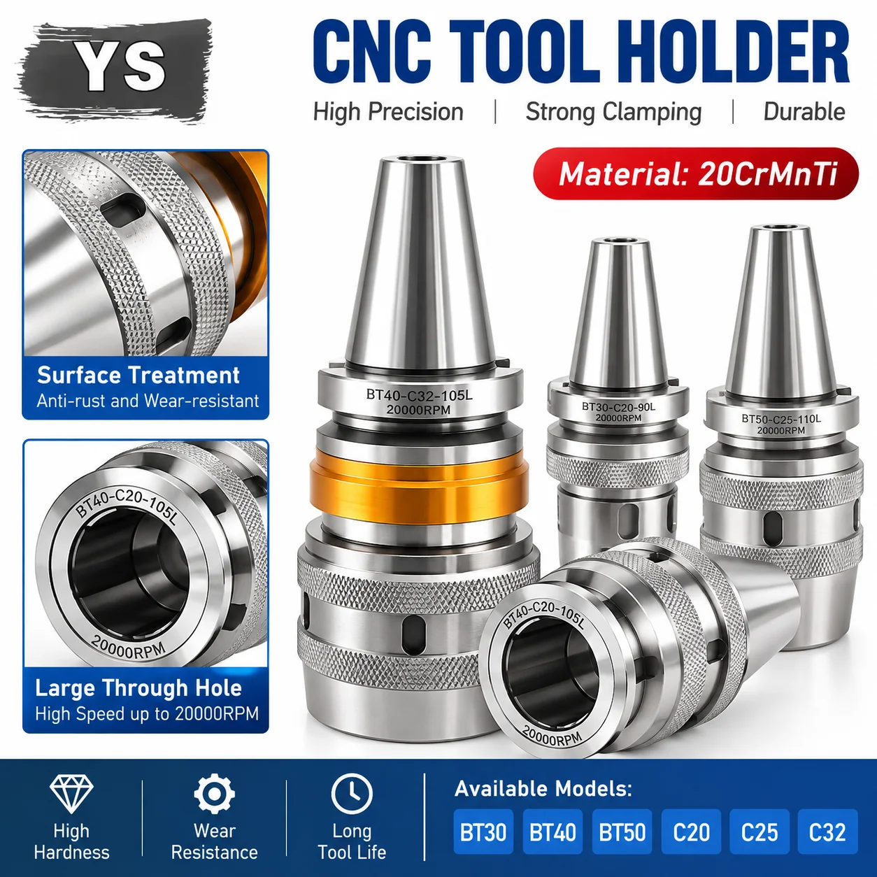 BT30 BT40 BT50 C20 C25 C32 90/100L 110L High-precision and Powerful Tool Holder CNC Machine Chuck Milling Cutting Cutter Bracket