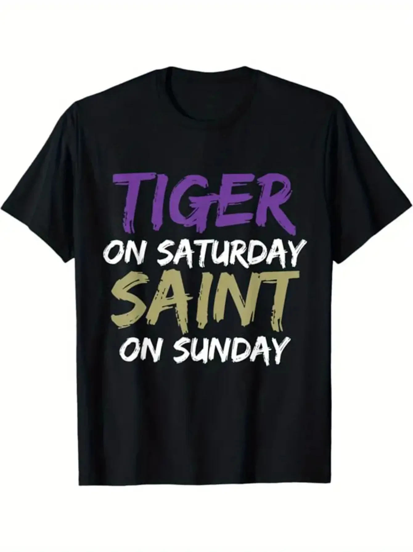 

Men's Plus Size Black Cotton T-Shirt - Breathable Crew Neck Tee with "Saturday Tiger Sunday Saint" Weekend Contrast
