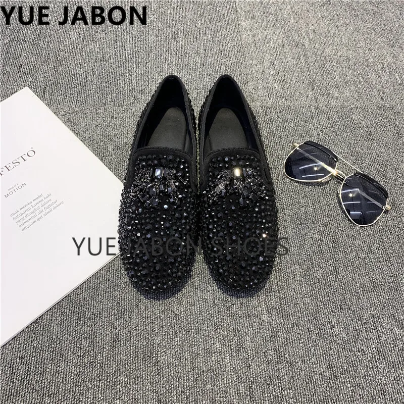 Luxury Black Men Rhinestone Loafers Genuine Leather Casual Shoes Men Wedding Shoes Flats Casual Gentlemen Dress Wedding Shoes