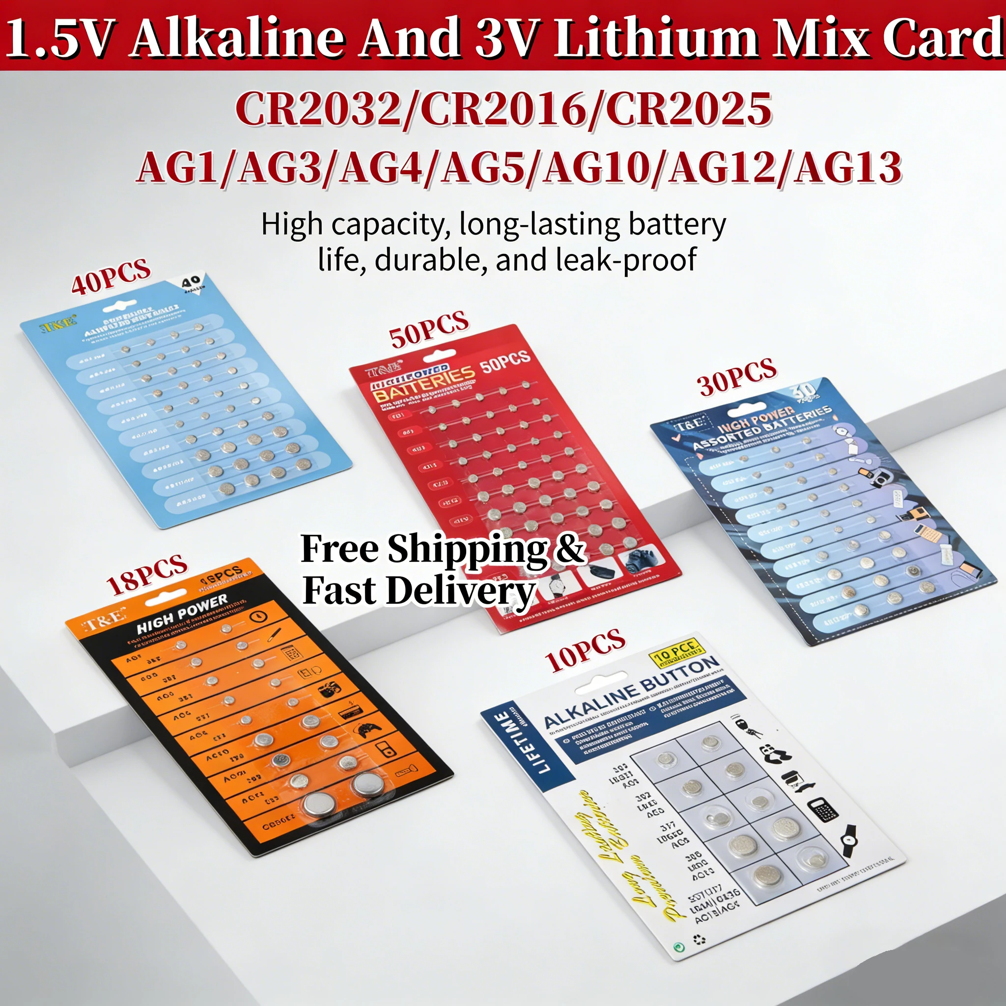 

2-Pack AG13 CR2032 CR2025 CR2016 3V Lithium 1.5V Alkaline Button Cell Coin Batteries for Toys Watches Remote Control